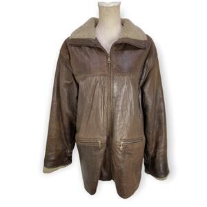 Vakko Leather Aviator‎ Jacket Size S Sherpa Collar Zip Pockets Brown